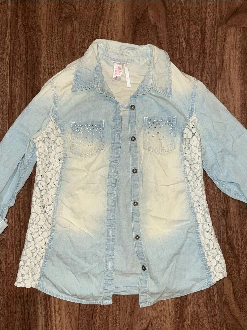 Justice Light Wash Denim Jacket with Lace and Gem Accents